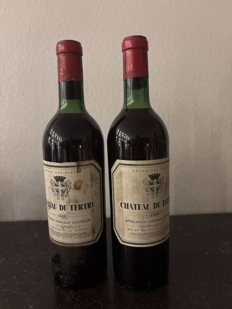 Château du Tertre Margaux 1969 - Twee flessen, Verzamelen, Ophalen of Verzenden, Gebruikt, Frankrijk, Rode wijn