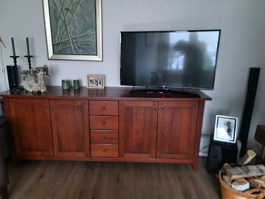 Massief eiken dressoir br.  215 cm, hg. 85 cm diep 50 cm, Ophalen, 25 tot 50 cm, 200 cm of meer