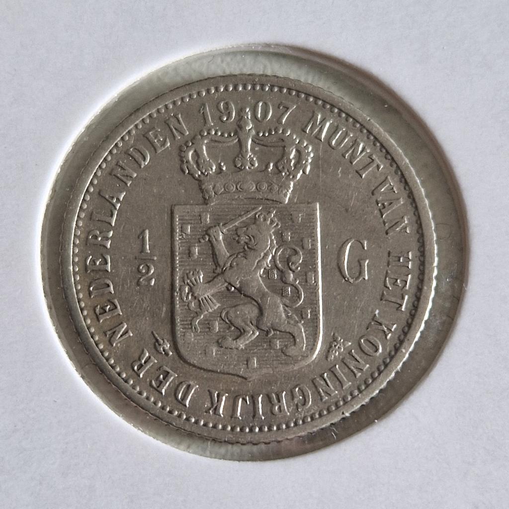 Zilveren halve gulden 1907 Wilhelmina, Postzegels en Munten, Munten | Nederland, ½ gulden, Zilver, Ophalen of Verzenden, Koningin Wilhelmina