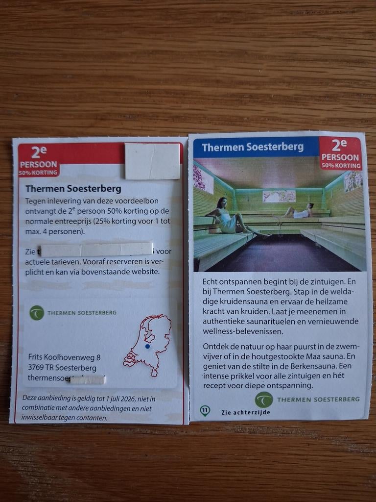 SAUNA THERMEN SOESTERBERG 2E PERSOON 50% KORTING!, Tickets en Kaartjes, Kortingen en Cadeaubonnen, Twee personen, Kortingsbon