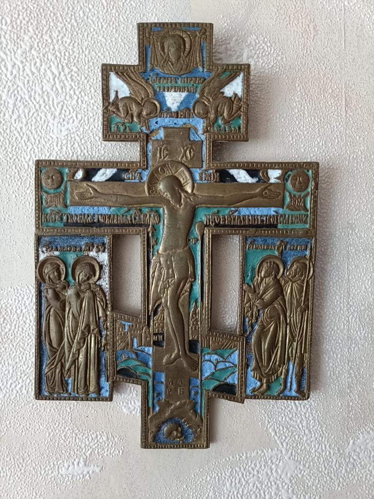 Antiek Russisch koperen kruisbeeld met emaille, Ophalen