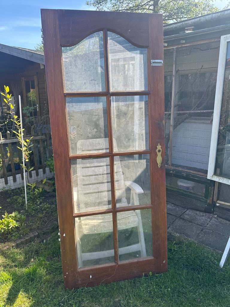 Hard houten deur met glas, Ophalen, Gebruikt, 80 tot 100 cm, Buitendeur