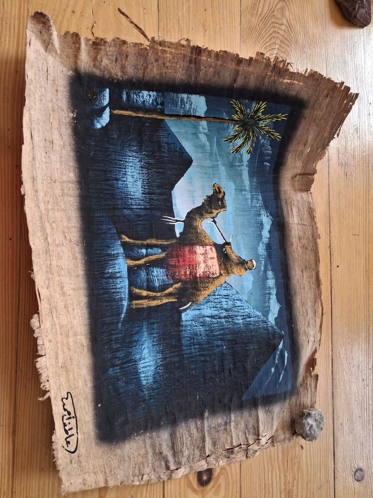 Oud Egyptisch Papyrus Schilderij - Kameel en Piramides, Ophalen of Verzenden
