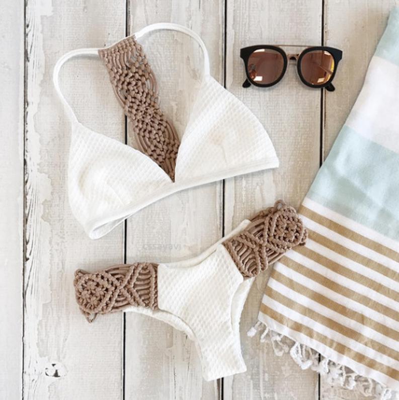 Witte gebreide bikini racerback sexy push up dames vrouwen, Verzenden, Nieuw, Wit, Bikini