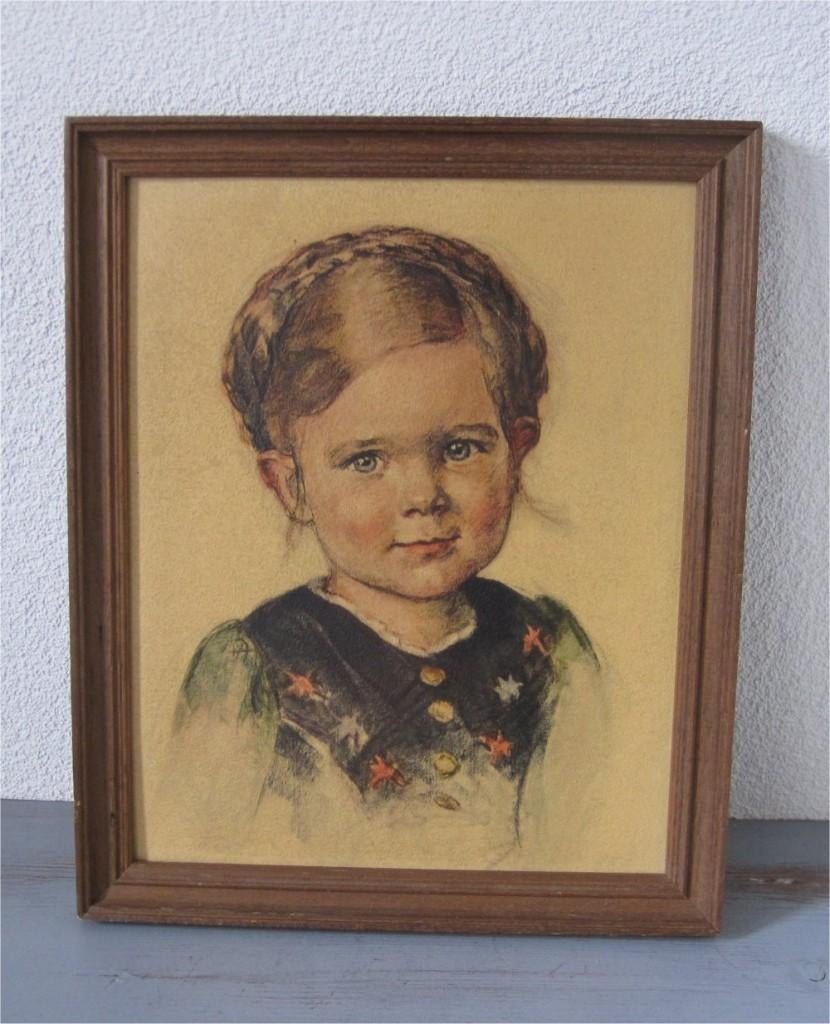 Antiek schilderijtje, lieflijk meisje met vlechtjes, Ophalen of Verzenden