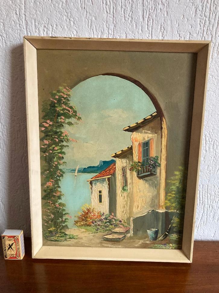 kitsch mediterraans wit huisje aan zomerse blauwe baai meer, Huis en Inrichting, Woonaccessoires | Schilderijen, Tekeningen en Foto's