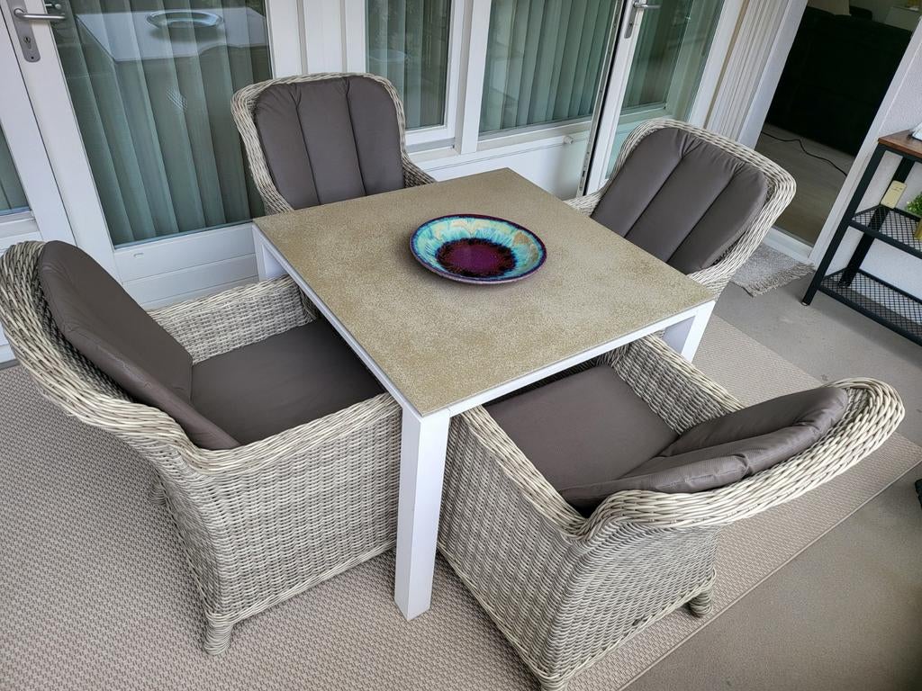 Life tuinset met 4 Life wicker stoelen en kussens, Tuin en Terras, Ophalen, 4 zitplaatsen, Gebruikt, Wicker