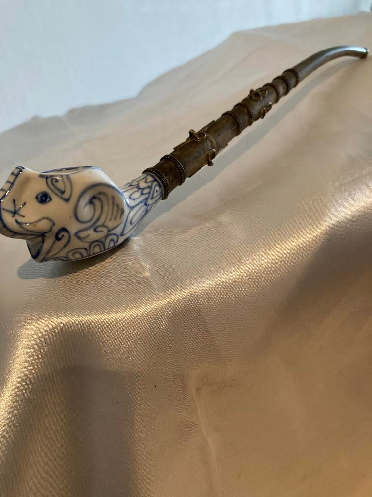 Decoratieve Opium Pijp - Olifantskop Porselein & Metaal, Ophalen of Verzenden