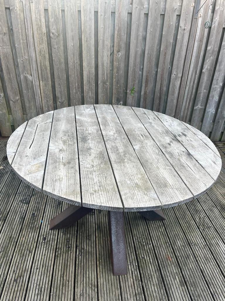 Houten ronde buitentafel met metalen poot, Tuin en Terras, Ophalen, Gebruikt, Rond, Hout