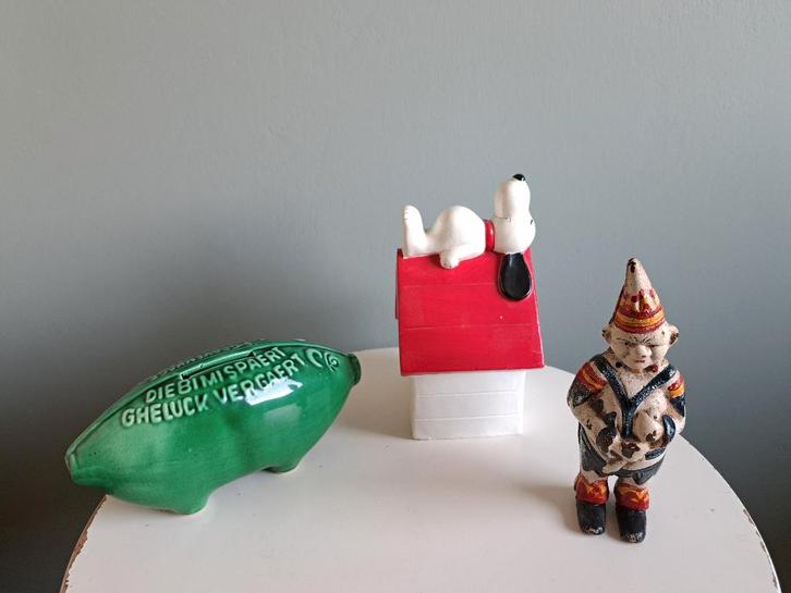 Oude spaarpotten gietijzeren clown groen varken Snoopy gaaf, Verzamelen, Spaarpotten, Gebruikt, Overige thema's, Overige materialen