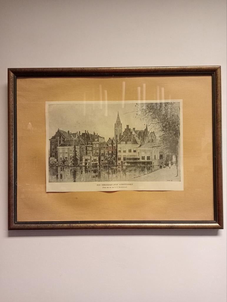 Ets 'Een verdwenen stuk 's-Gravenhage' naar H.E. Roodenburg, Antiek en Kunst, Ingelijst, Ets, Stadsgezicht, Ophalen of Verzenden