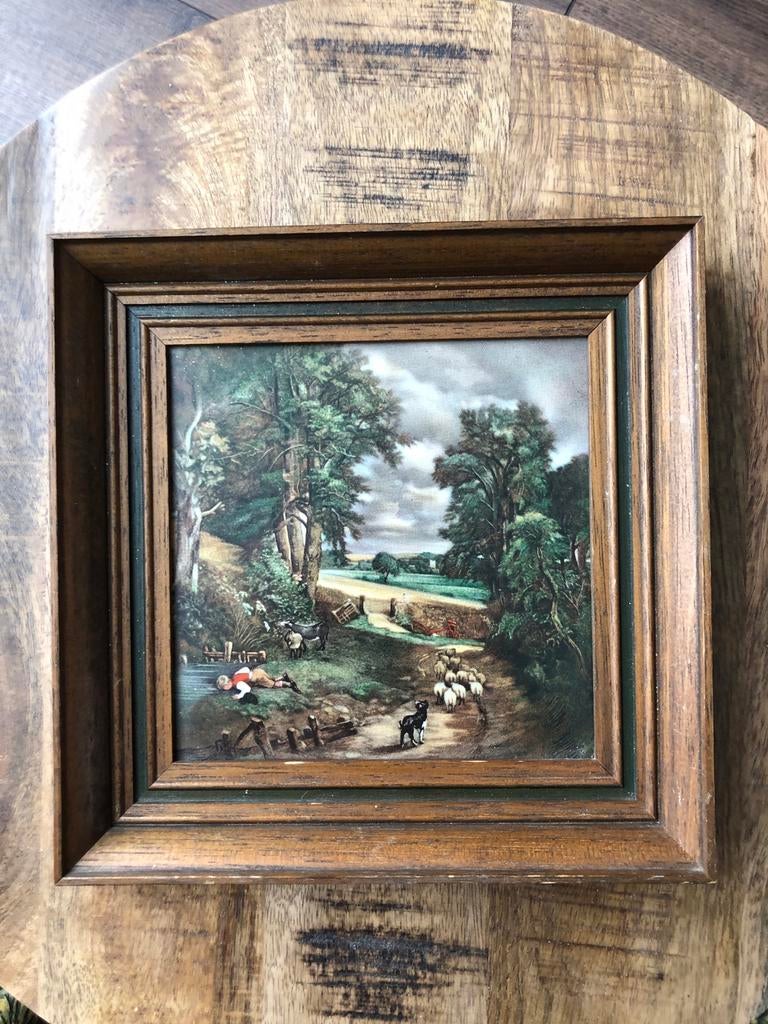 Vintage landschap schilderij met schapen en herder, Ophalen of Verzenden