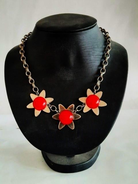Zeldzame Jakob Bengel Art Deco collier.Chroom,Rood Galaliet, Ophalen, Zo goed als nieuw, Overige kleuren, Overige materialen