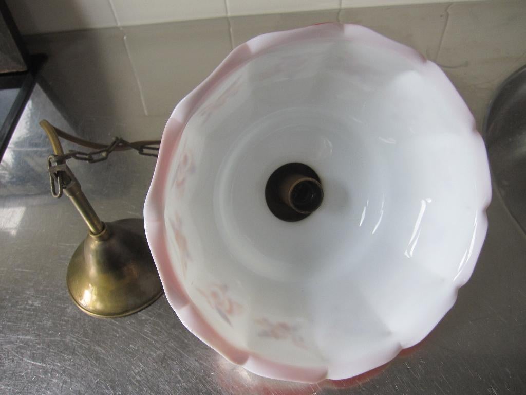 Prachtige opaline hanglamp, fris oranje/paars/turquoise, Ophalen, Zo goed als nieuw, Glas, Minder dan 50 cm