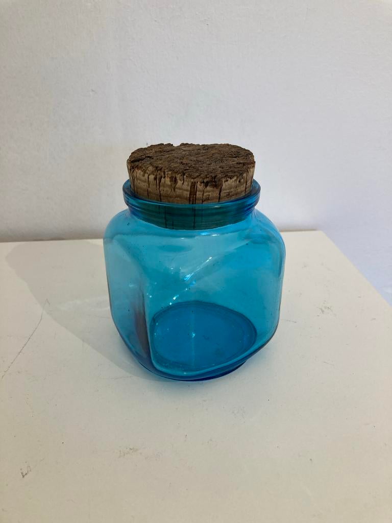 Blauwe glazen pot met kurk, Ophalen of Verzenden