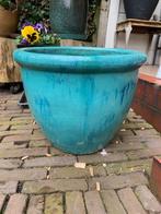 Mooie grote geglazuurde aqua buiten bloempot (onbeschadigd), Ophalen, 40 cm of meer, Rond, Zo goed als nieuw