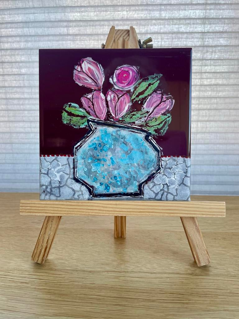Uniek handbeschilderd tegeltje 15x15 cm VAAS MET TULPEN 🌷🌷, Ophalen of Verzenden