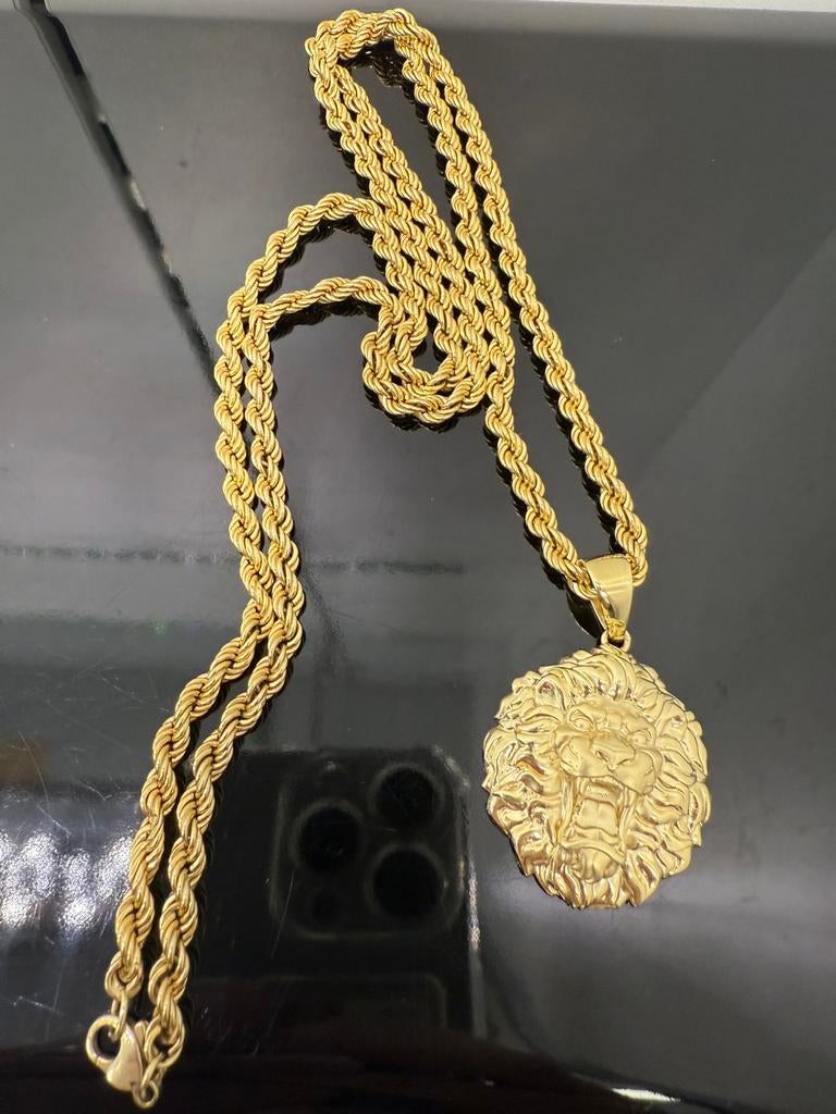 Prachtige 14 karaats gouden rope ketting met leeuw hanger, Ophalen of Verzenden, Goud