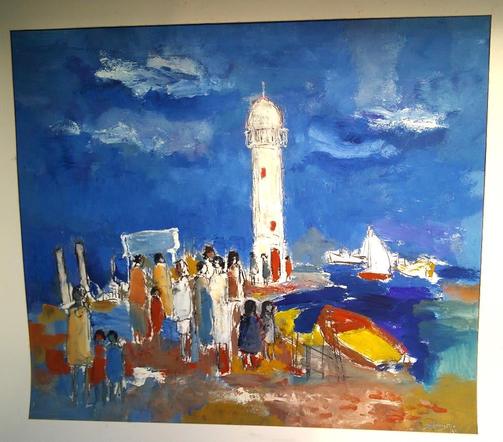 Mensen bij vuurtoren - Frankrijk '88 - J. Hoogstra 1924-2003, Antiek en Kunst, Kunst | Schilderijen | Klassiek, Ophalen of Verzenden