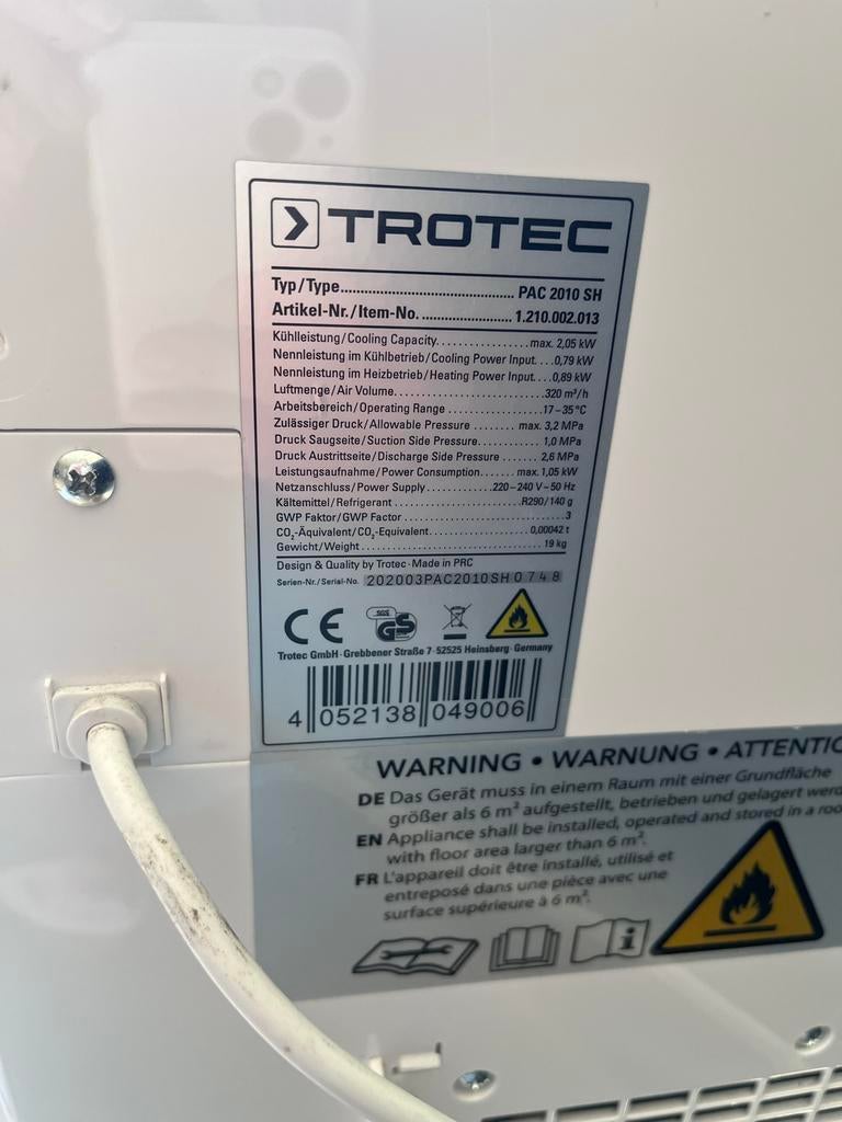 Trotec PAC 2010 SH mobiele airconditioning, Ophalen, Minder dan 60 m³, Timer, 3 snelheden of meer