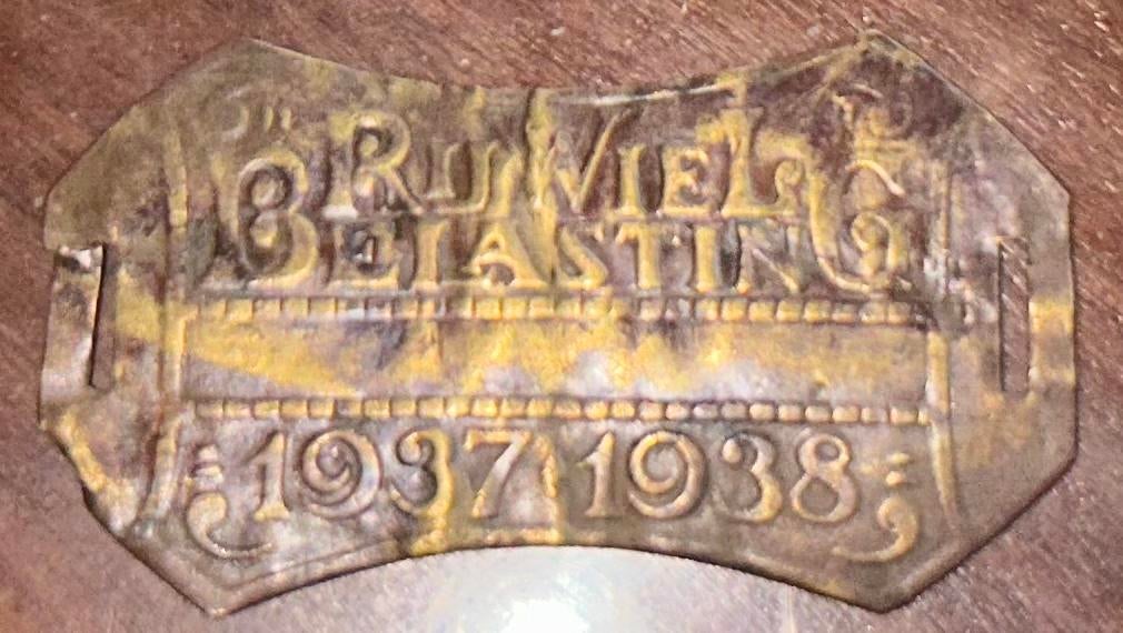 Rijwiel belastingplaatje 1937/1938 - Vintage fiets accessoir, Ophalen, Gebruikt