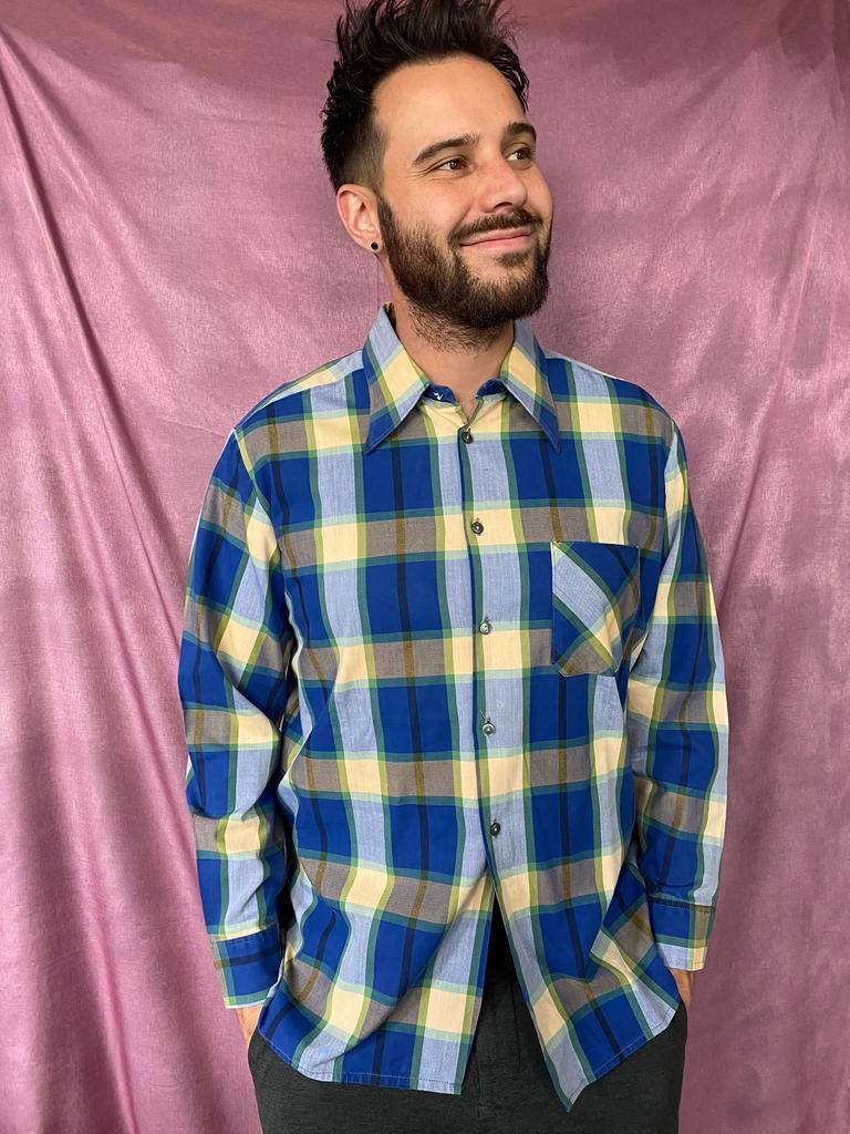 Vintage 70's overhemd / shirt / ruit / blauw-geel / medium M, Kleding | Heren, Overhemden, Hgv, Blauw, Hgv, Vintage