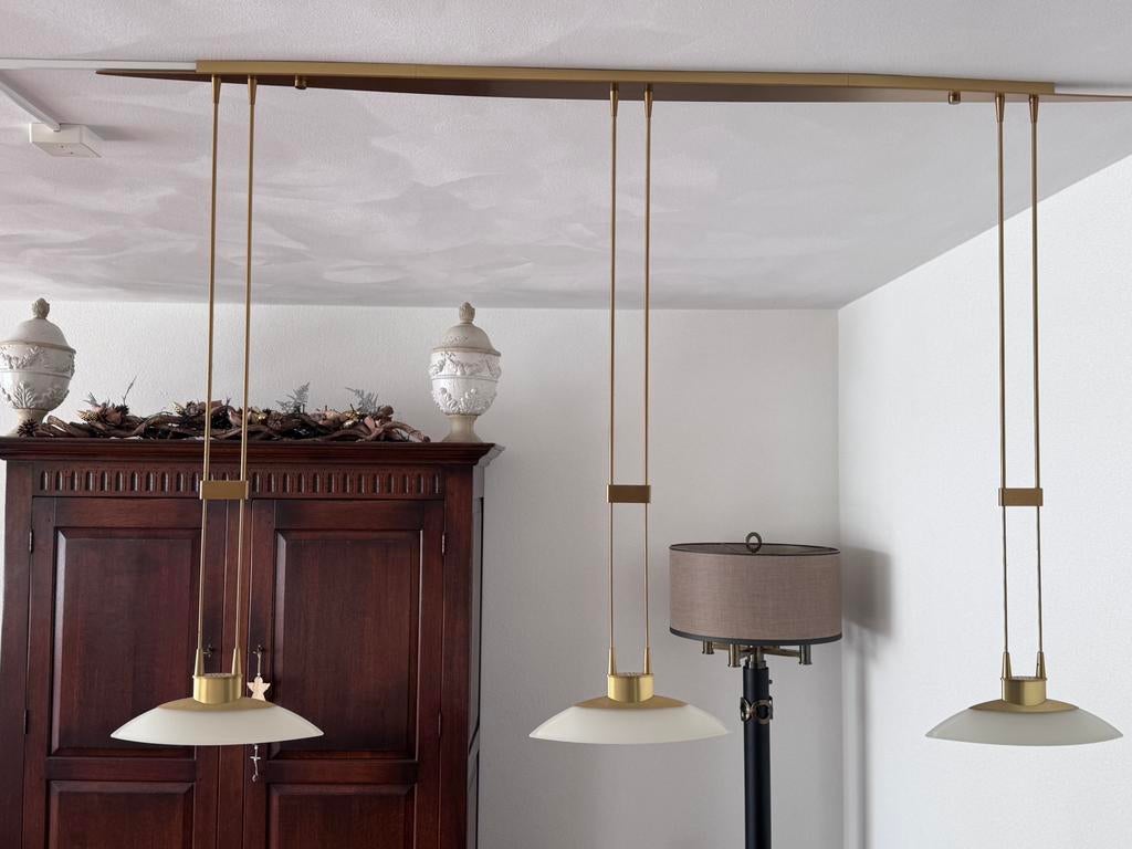 3-lichts hanglamp brons, Ophalen, Gebruikt, Metaal, Minder dan 50 cm