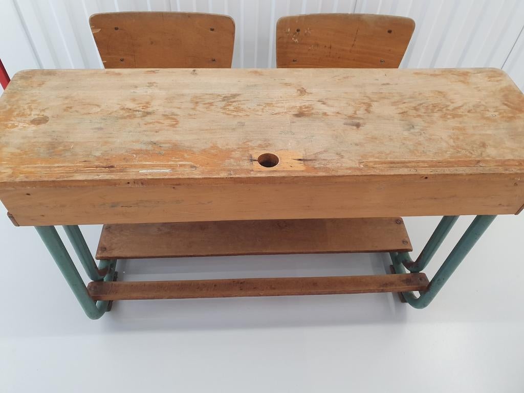 Vintage schoolbank voor twee kinderen, Kinderen en Baby's, Kinderkamer | Tafels en Stoelen, Ophalen, Gebruikt, Tafel(s) en Stoel(en)