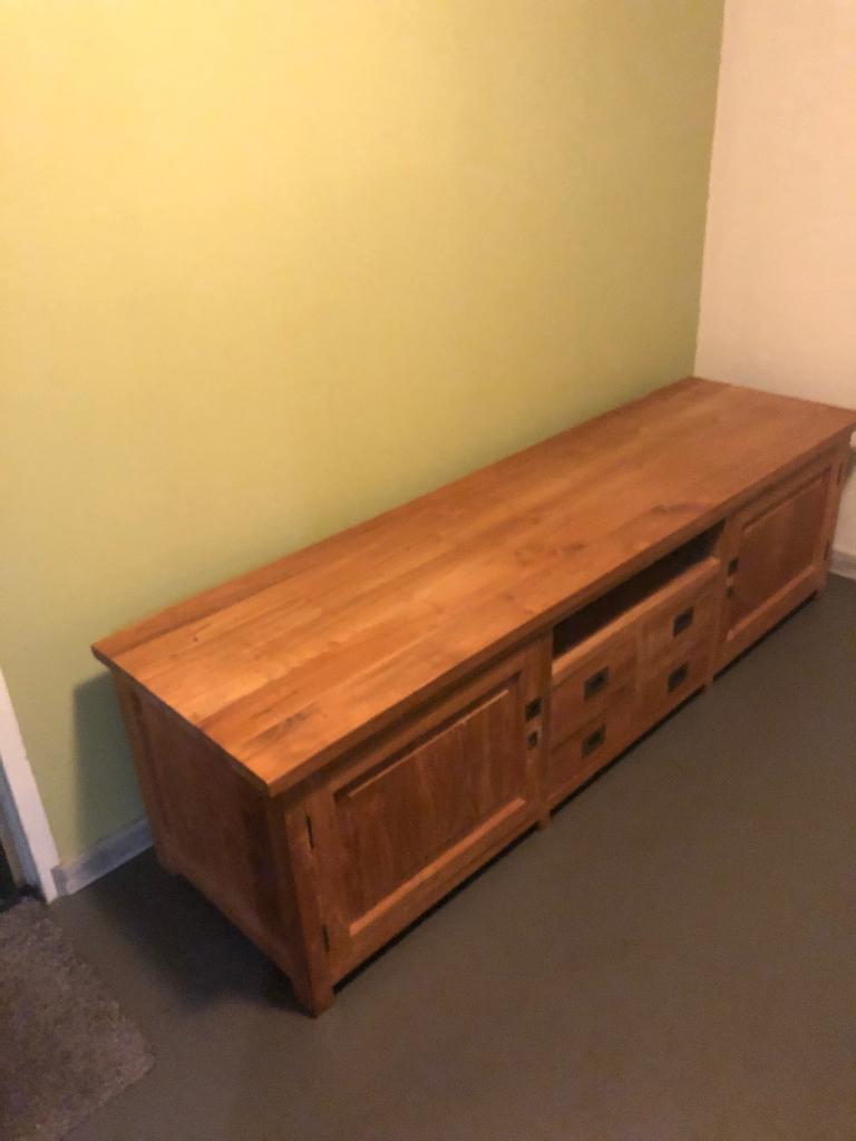 Houten tv meubel, Huis en Inrichting, Kasten | Televisiemeubels, Ophalen, 150 tot 200 cm, Zo goed als nieuw, Minder dan 100 cm