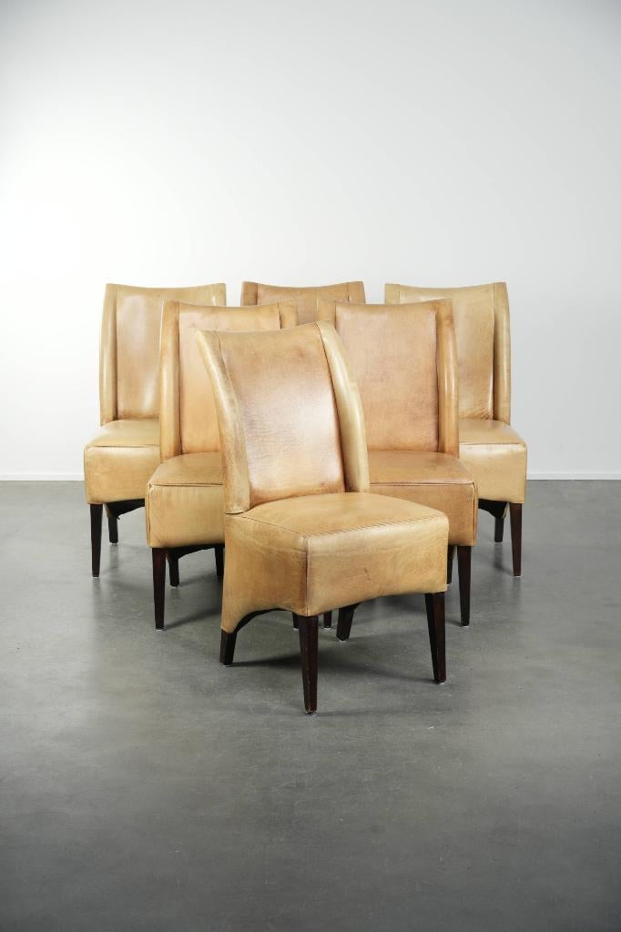 Set van 6 rundleren eetkamerstoelen met mooie lichte kleur, Huis en Inrichting, Stoelen, Gebruikt, Vijf, Zes of meer stoelen, Leer