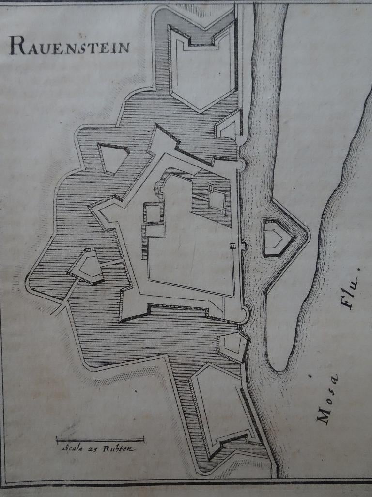 Gravure plattegrond Ravenstein aan Maas, Merian 1650, Verzenden, Cartografie, 1600 - 1699, Gravure