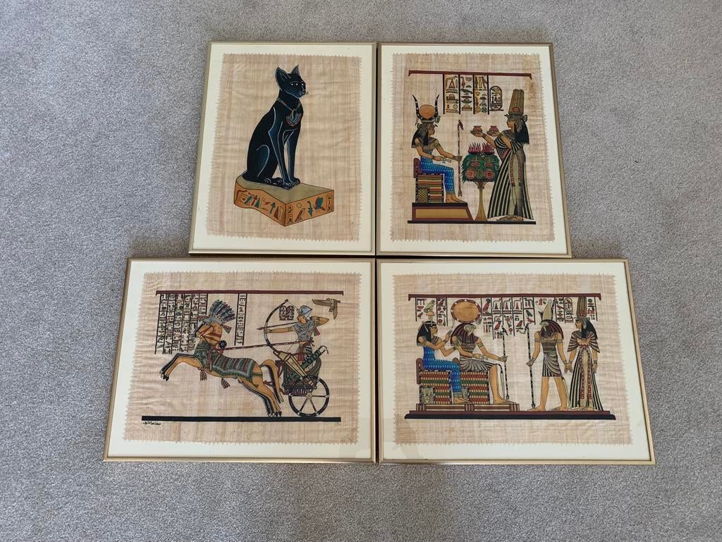 Egypte 4 prachtige papyrus schilderijen, Ophalen of Verzenden, Zo goed als nieuw, Schilderij, Minder dan 50 cm