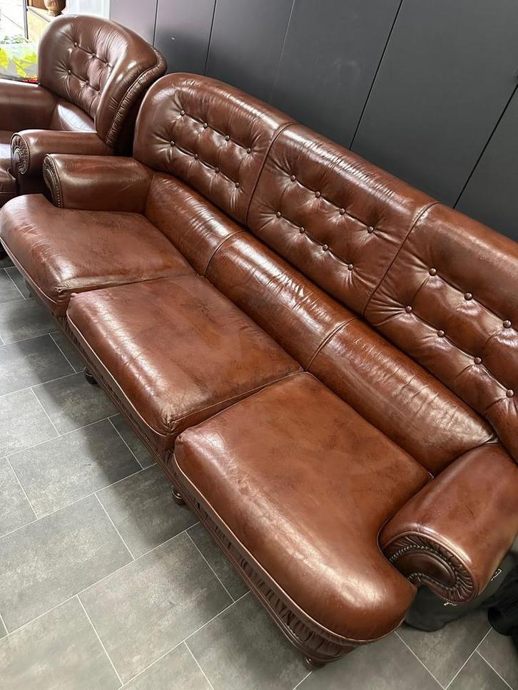 Vintage Lederen Bank en Fauteuil, Huis en Inrichting, Banken | Bankstellen, Gebruikt, Rechte bank, Driepersoons, 200 tot 250 cm