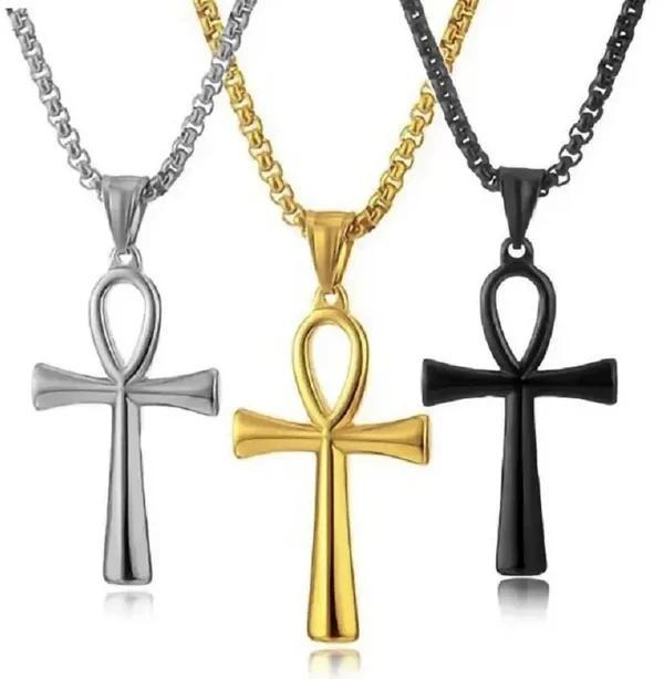 Lange heren ketting ankh, Sieraden, Tassen en Uiterlijk, Kettingen, Nieuw, Overige materialen, Zwart, Met hanger, Ophalen of Verzenden