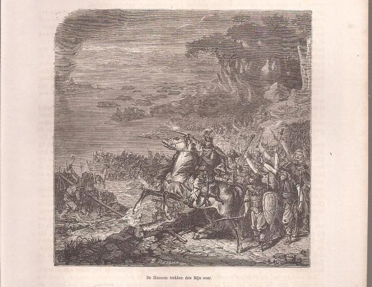 De Hunnen trekken de Rijn over Houtgravure, Antiek en Kunst, Kunst | Etsen en Gravures, Ophalen of Verzenden