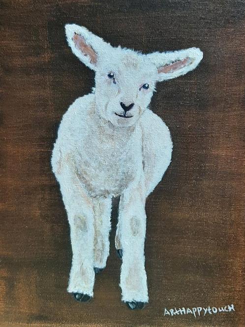 Lammetje schilderij in warme tinten acryl op canvas, Antiek en Kunst, Kunst | Schilderijen | Modern, Ophalen of Verzenden