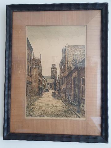 Ingelijste pentekening LangeTorenstraat  passepartout SCH43b beschikbaar voor biedingen