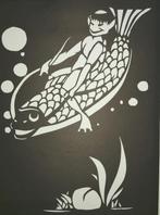 Knipsel van faun op vis - Groot knipsel, Antiek en Kunst, Ophalen of Verzenden