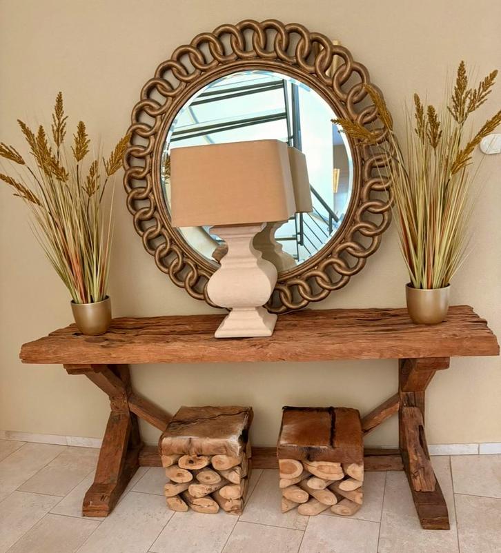 Robuuste, stoere zware houten sidetable / wandtafel, Huis en Inrichting, Tafels | Sidetables, Zo goed als nieuw, 25 tot 50 cm