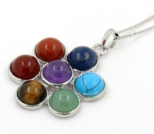 Chakraketting in bloemvorm, verzilverd, Sieraden, Tassen en Uiterlijk, Kettingen, Nieuw, Steen of Mineraal, Ophalen of Verzenden
