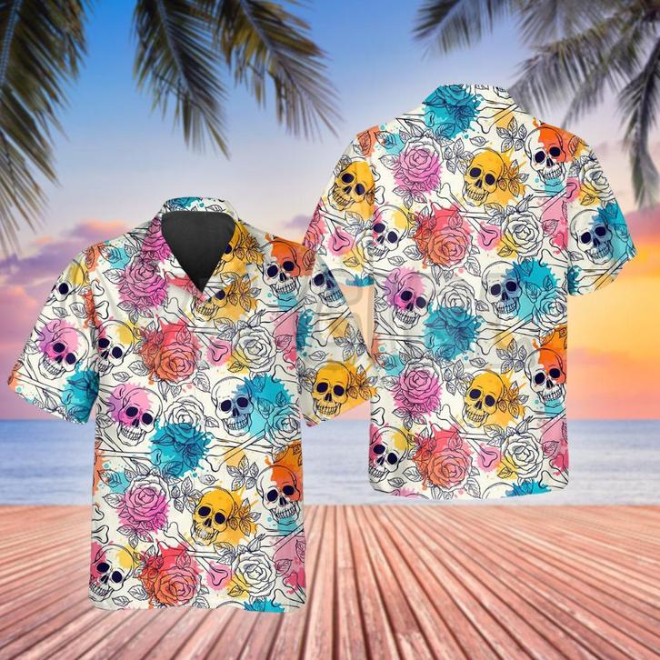 Doodskoppen en rozen hawaii overhemd (heren mannen bloemen), Kleding | Heren, Overhemden, Nieuw, Overige halswijdtes, Wit, Verzenden