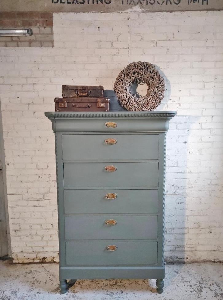 Antieke ladekast chiffoniere Biedermeier olijfgroen, Antiek en Kunst, Curiosa en Brocante, Ophalen of Verzenden