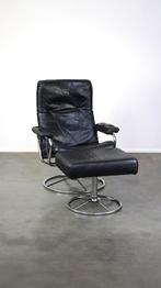 Vintage zwarte rundleren Bauhaus draaifauteuil + hocker, Ophalen, Gebruikt, Bauhaus, 75 tot 100 cm