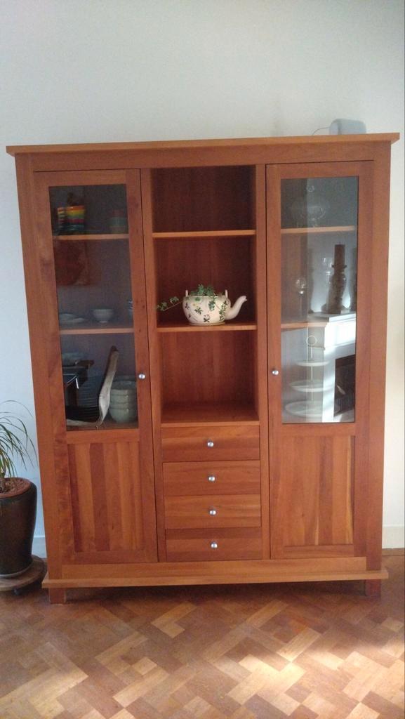 Massief kersenhouten buffetkast, vitrine kast, servies kast, Huis en Inrichting, Kasten | Vitrinekasten, Gebruikt, 200 cm of meer