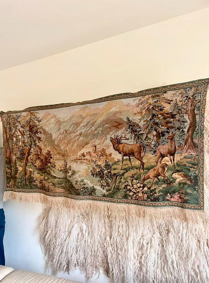 Prachtig en groot Gobelin wandkleed werk bos met herten 🦌, Antiek en Kunst, Kunst | Schilderijen | Abstract, Ophalen of Verzenden