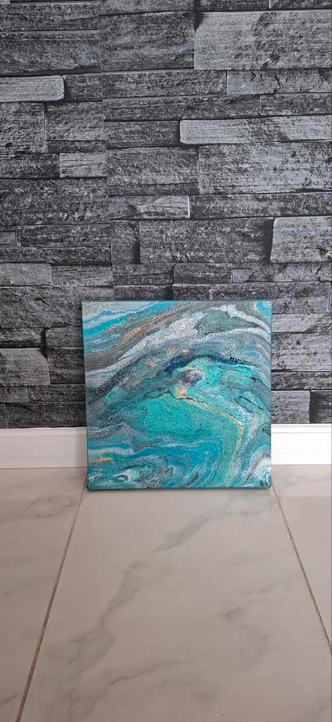 Abstract schilderij - blauw, zilver & goud, 29 x 30 cm, Antiek en Kunst, Kunst | Schilderijen | Abstract, Ophalen of Verzenden