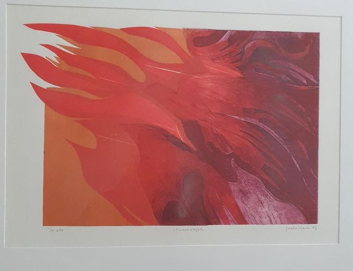 ets Vuurvogel door Godelieve van de Hamsvoort - Pulskens, Antiek en Kunst, Kunst | Etsen en Gravures, Ophalen of Verzenden