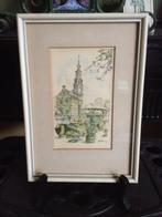 Litho en aquarel van de Munttoren en de Montelbaanstoren, Antiek en Kunst, Verzenden