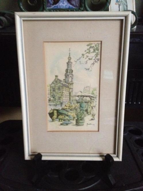 Litho en aquarel van de Munttoren en de Montelbaanstoren, Antiek en Kunst, Kunst | Schilderijen | Klassiek, Verzenden