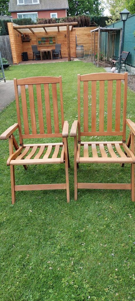 Teakhouten stoelen, verstelbaar en inklapbaar - 2 stuks, Tuin en Terras, Tuinstoelen, Gebruikt, Teakhout, Inklapbaar, Verstelbaar